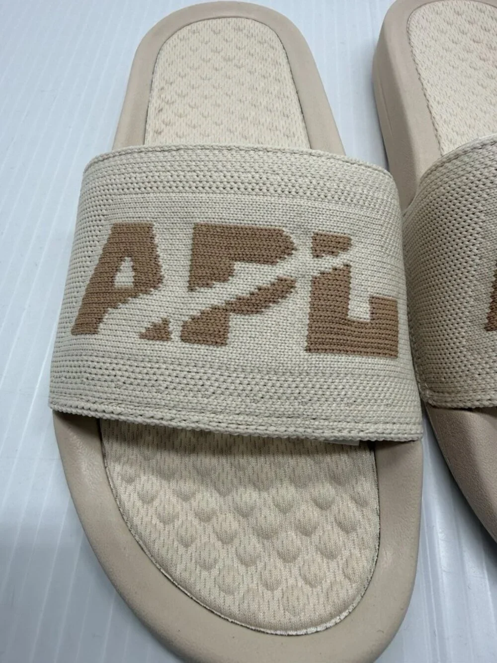 APL TechLoom Slide Womens 6 Beige Logo Comfort Sandals Warm Silk Caramel